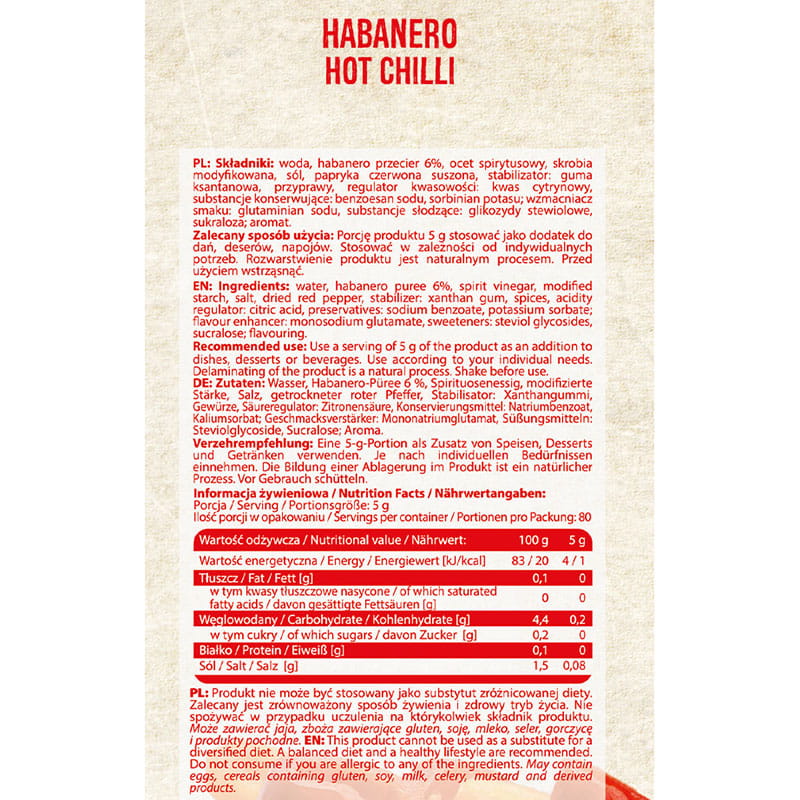 ALLNUTRITION SAUCE HABANERO HOT CHILLI 400g - niskokaloryczny sos słodko ostry - obrazek 2